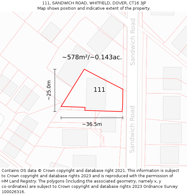 111, SANDWICH ROAD, WHITFIELD, DOVER, CT16 3JP: Plot and title map