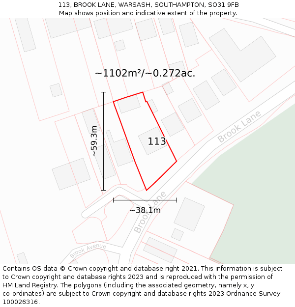 113, BROOK LANE, WARSASH, SOUTHAMPTON, SO31 9FB: Plot and title map