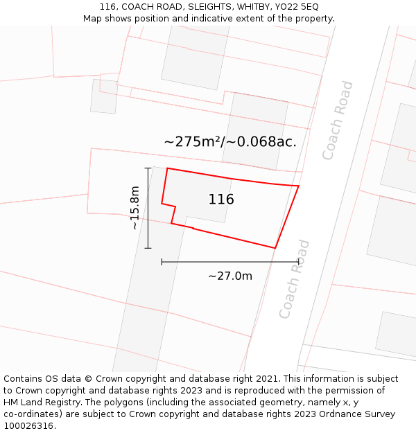 116, COACH ROAD, SLEIGHTS, WHITBY, YO22 5EQ: Plot and title map