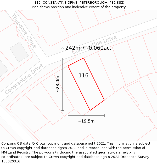 116, CONSTANTINE DRIVE, PETERBOROUGH, PE2 8SZ: Plot and title map