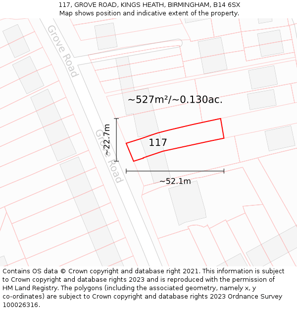 117, GROVE ROAD, KINGS HEATH, BIRMINGHAM, B14 6SX: Plot and title map