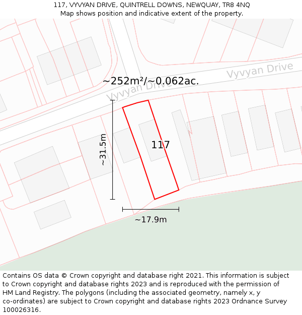 117, VYVYAN DRIVE, QUINTRELL DOWNS, NEWQUAY, TR8 4NQ: Plot and title map