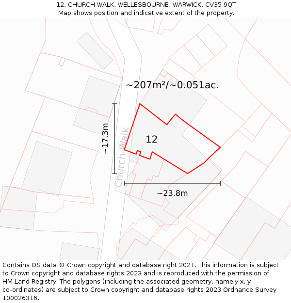 12, CHURCH WALK, WELLESBOURNE, WARWICK, CV35 9QT: Plot and title map