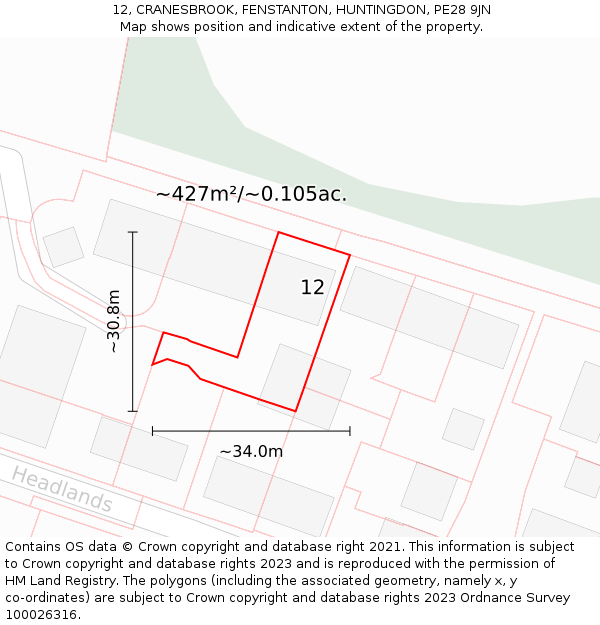 12, CRANESBROOK, FENSTANTON, HUNTINGDON, PE28 9JN: Plot and title map