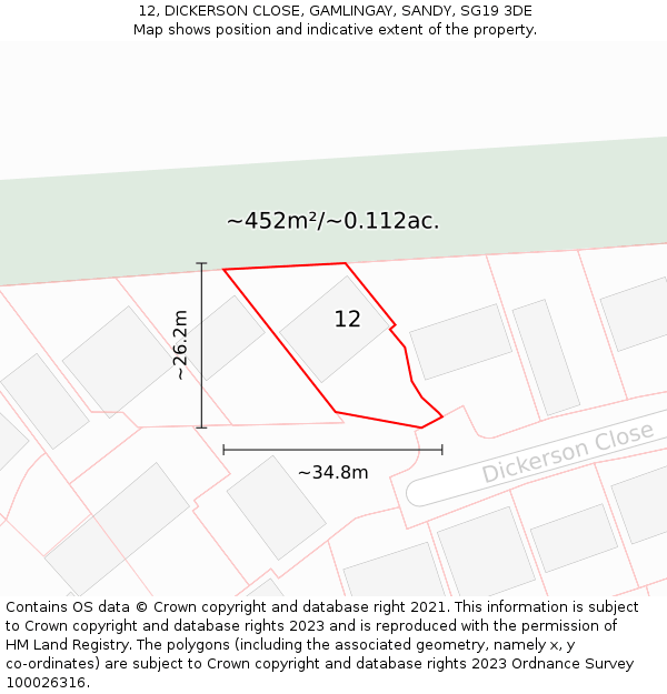 12, DICKERSON CLOSE, GAMLINGAY, SANDY, SG19 3DE: Plot and title map