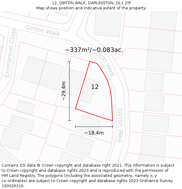 12, GIRTON WALK, DARLINGTON, DL1 2YF: Plot and title map