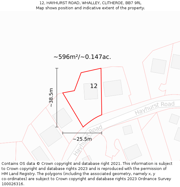 12, HAYHURST ROAD, WHALLEY, CLITHEROE, BB7 9RL: Plot and title map