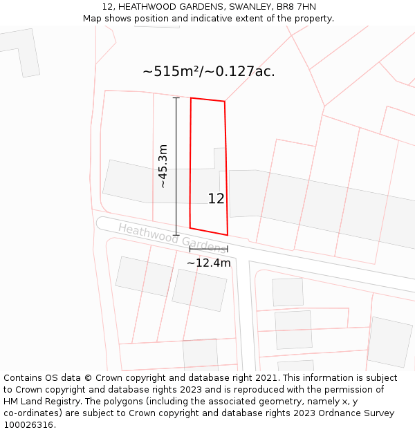 12, HEATHWOOD GARDENS, SWANLEY, BR8 7HN: Plot and title map