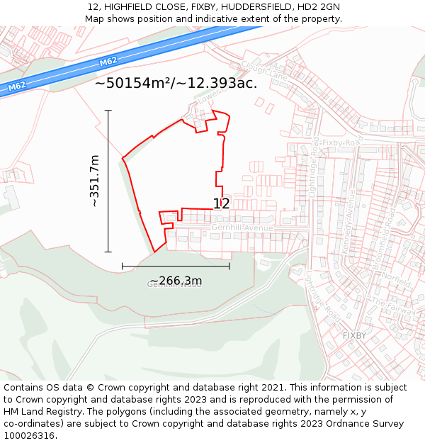 12, HIGHFIELD CLOSE, FIXBY, HUDDERSFIELD, HD2 2GN: Plot and title map