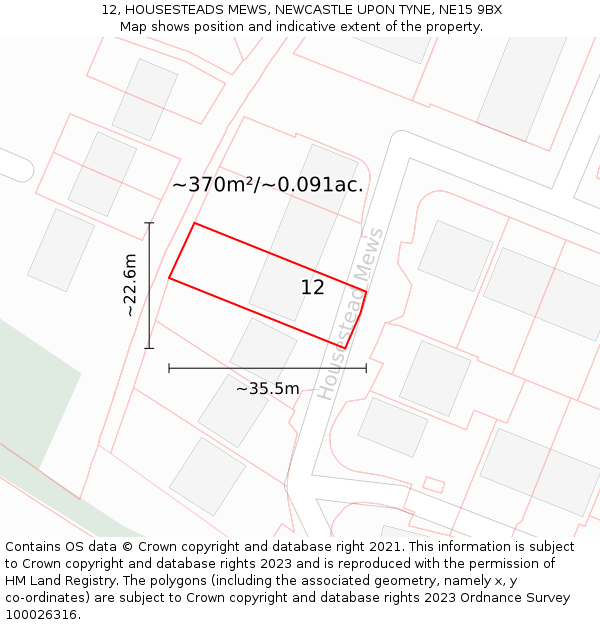 12, HOUSESTEADS MEWS, NEWCASTLE UPON TYNE, NE15 9BX: Plot and title map