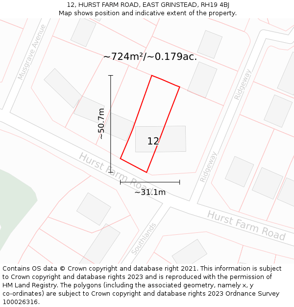 12, HURST FARM ROAD, EAST GRINSTEAD, RH19 4BJ: Plot and title map