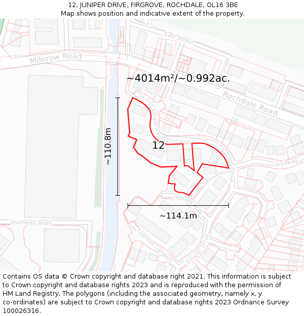 12, JUNIPER DRIVE, FIRGROVE, ROCHDALE, OL16 3BE: Plot and title map