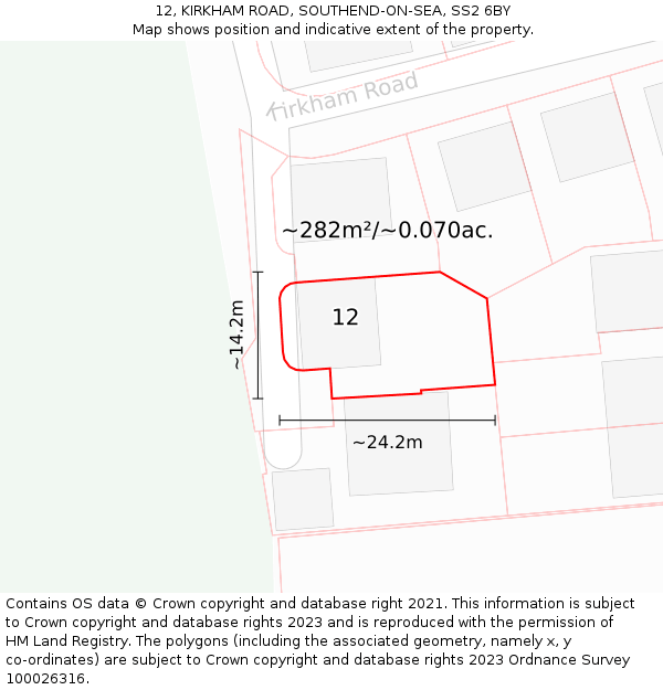 12, KIRKHAM ROAD, SOUTHEND-ON-SEA, SS2 6BY: Plot and title map