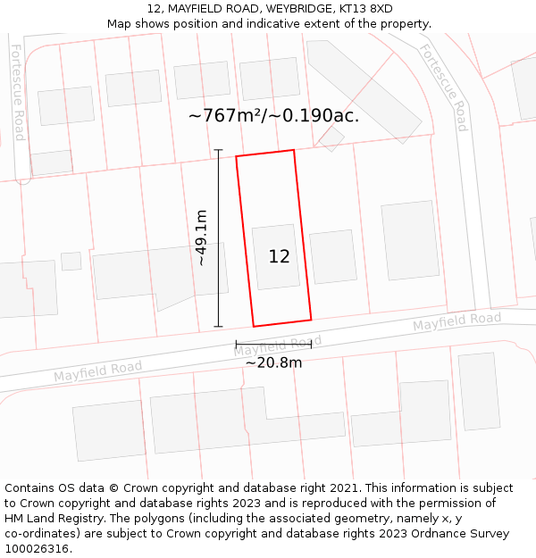 12, MAYFIELD ROAD, WEYBRIDGE, KT13 8XD: Plot and title map