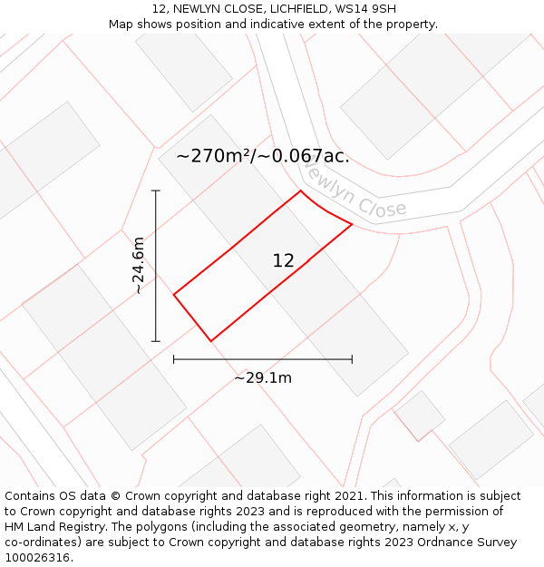 12, NEWLYN CLOSE, LICHFIELD, WS14 9SH: Plot and title map