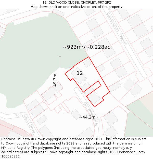 12, OLD WOOD CLOSE, CHORLEY, PR7 2FZ: Plot and title map