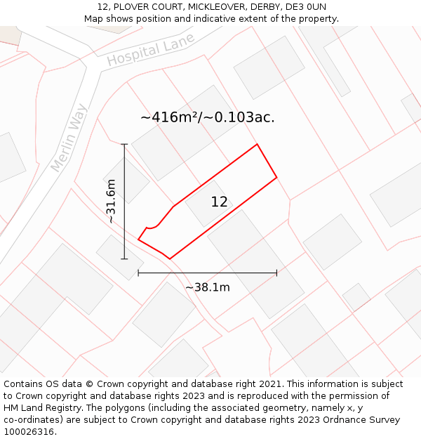 12, PLOVER COURT, MICKLEOVER, DERBY, DE3 0UN: Plot and title map