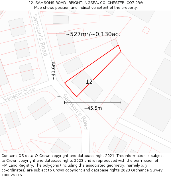 12, SAMSONS ROAD, BRIGHTLINGSEA, COLCHESTER, CO7 0RW: Plot and title map