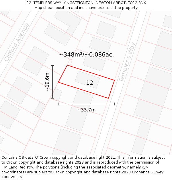 12, TEMPLERS WAY, KINGSTEIGNTON, NEWTON ABBOT, TQ12 3NX: Plot and title map