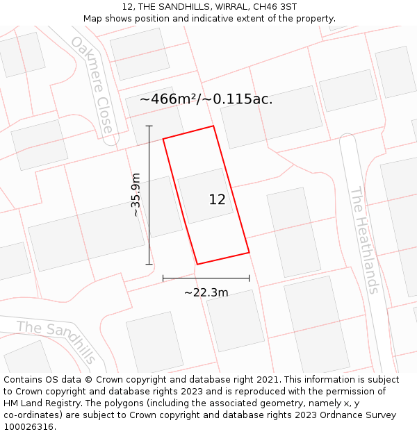 12, THE SANDHILLS, WIRRAL, CH46 3ST: Plot and title map