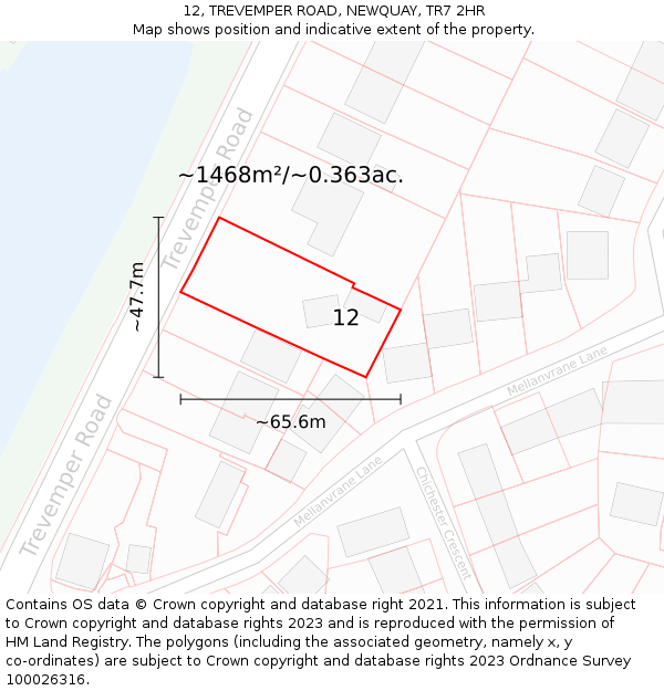 12, TREVEMPER ROAD, NEWQUAY, TR7 2HR: Plot and title map