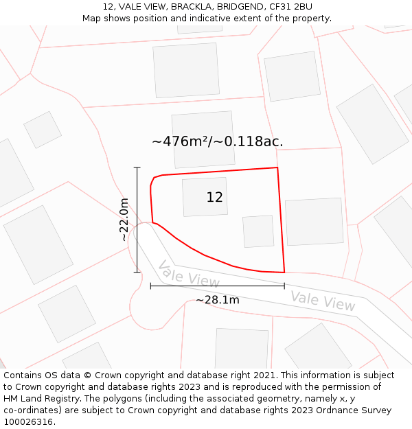 12, VALE VIEW, BRACKLA, BRIDGEND, CF31 2BU: Plot and title map