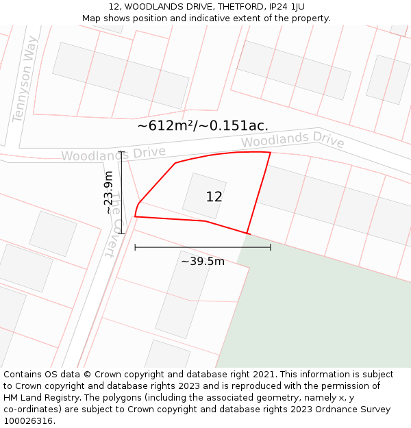 12, WOODLANDS DRIVE, THETFORD, IP24 1JU: Plot and title map