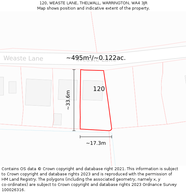 120, WEASTE LANE, THELWALL, WARRINGTON, WA4 3JR: Plot and title map