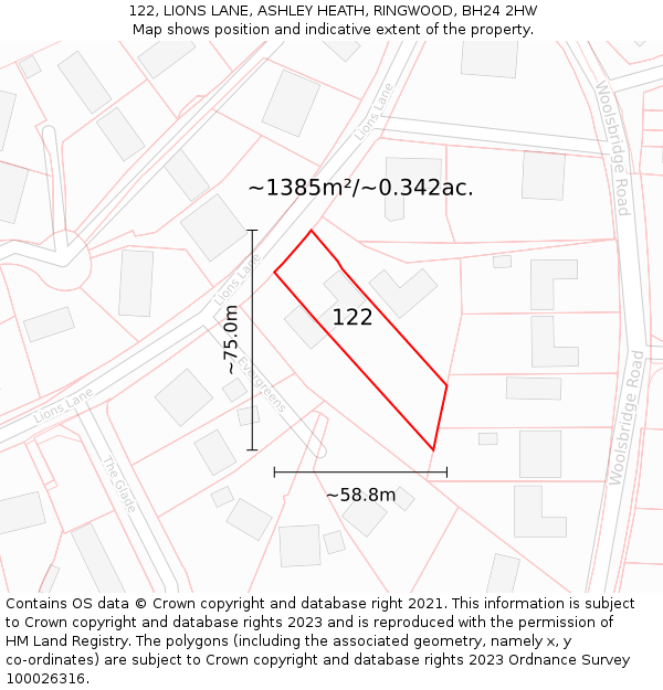 122, LIONS LANE, ASHLEY HEATH, RINGWOOD, BH24 2HW: Plot and title map