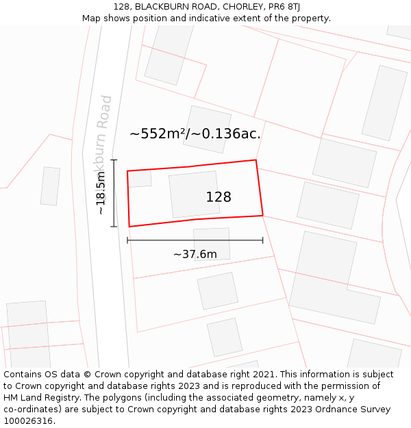 128, BLACKBURN ROAD, CHORLEY, PR6 8TJ: Plot and title map