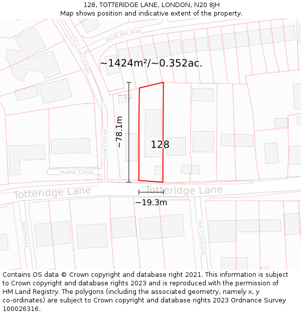 128, TOTTERIDGE LANE, LONDON, N20 8JH: Plot and title map