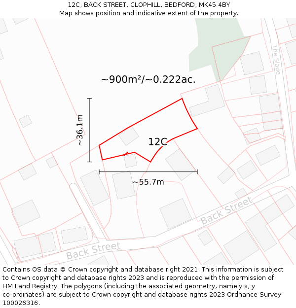 12C, BACK STREET, CLOPHILL, BEDFORD, MK45 4BY: Plot and title map