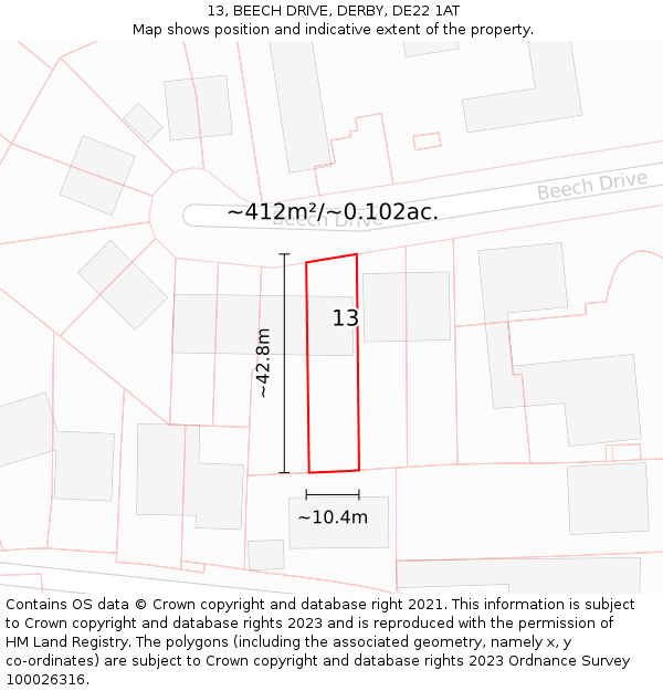 13, BEECH DRIVE, DERBY, DE22 1AT: Plot and title map