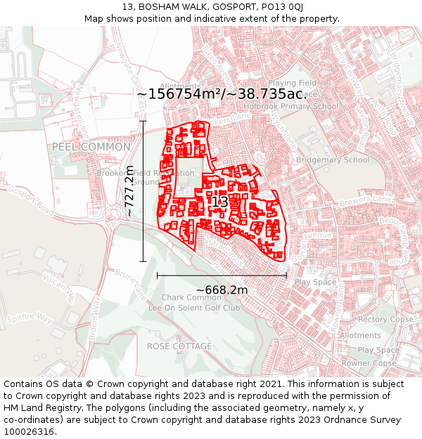 13, BOSHAM WALK, GOSPORT, PO13 0QJ: Plot and title map