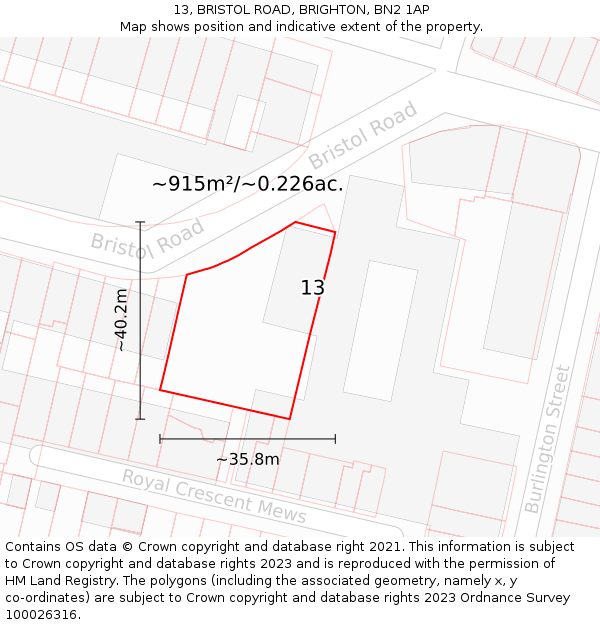 13, BRISTOL ROAD, BRIGHTON, BN2 1AP: Plot and title map