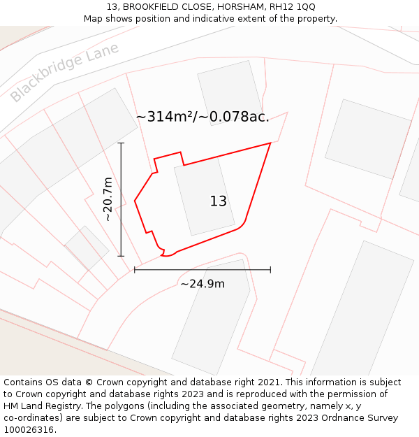 13, BROOKFIELD CLOSE, HORSHAM, RH12 1QQ: Plot and title map