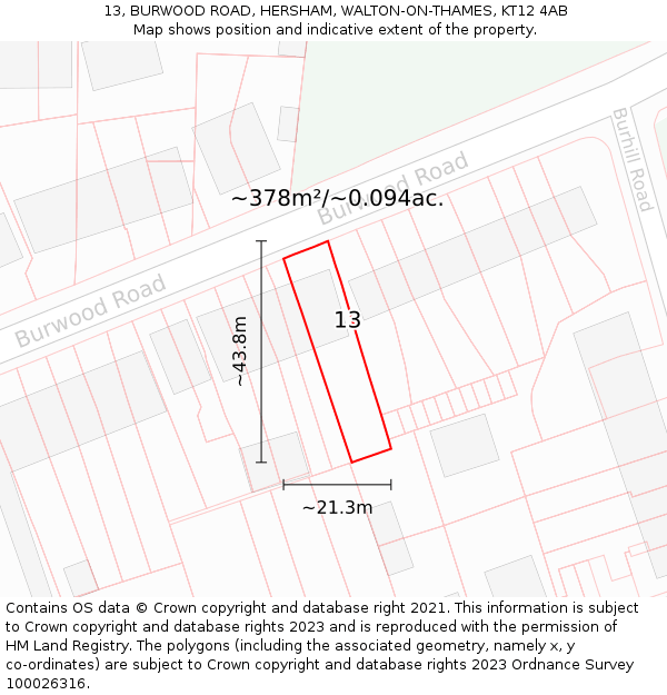 13, BURWOOD ROAD, HERSHAM, WALTON-ON-THAMES, KT12 4AB: Plot and title map