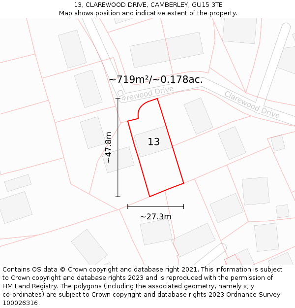 13, CLAREWOOD DRIVE, CAMBERLEY, GU15 3TE: Plot and title map