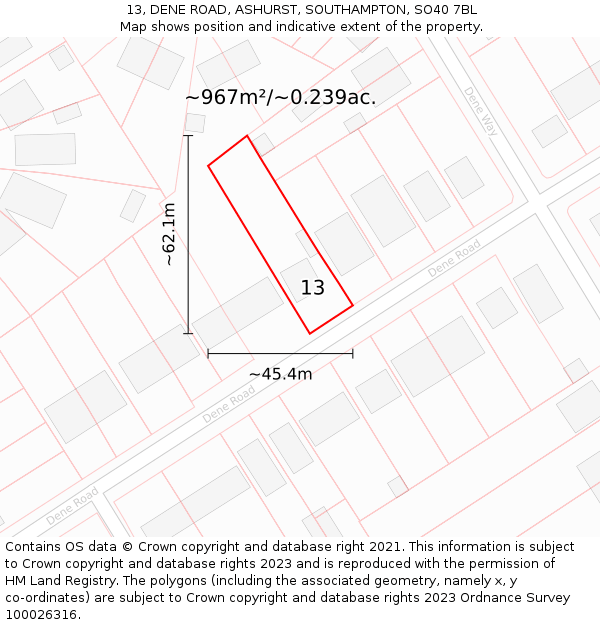 13, DENE ROAD, ASHURST, SOUTHAMPTON, SO40 7BL: Plot and title map