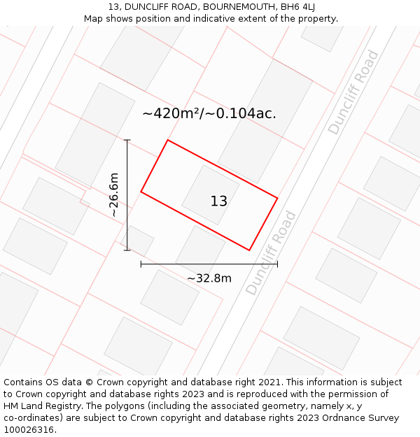 13, DUNCLIFF ROAD, BOURNEMOUTH, BH6 4LJ: Plot and title map