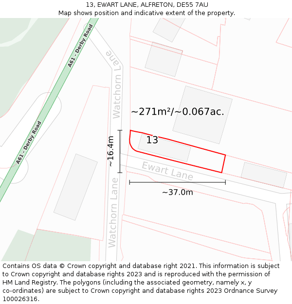 13, EWART LANE, ALFRETON, DE55 7AU: Plot and title map