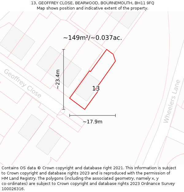 13, GEOFFREY CLOSE, BEARWOOD, BOURNEMOUTH, BH11 9FQ: Plot and title map