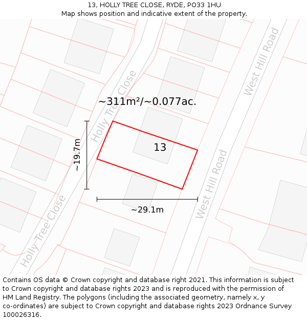 13, HOLLY TREE CLOSE, RYDE, PO33 1HU: Plot and title map