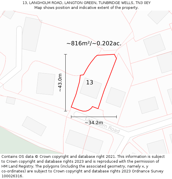 13, LANGHOLM ROAD, LANGTON GREEN, TUNBRIDGE WELLS, TN3 0EY: Plot and title map