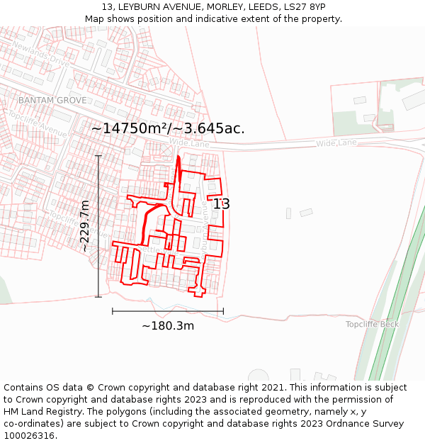 13, LEYBURN AVENUE, MORLEY, LEEDS, LS27 8YP: Plot and title map