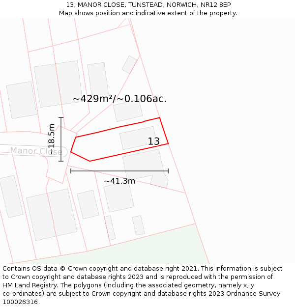 13, MANOR CLOSE, TUNSTEAD, NORWICH, NR12 8EP: Plot and title map