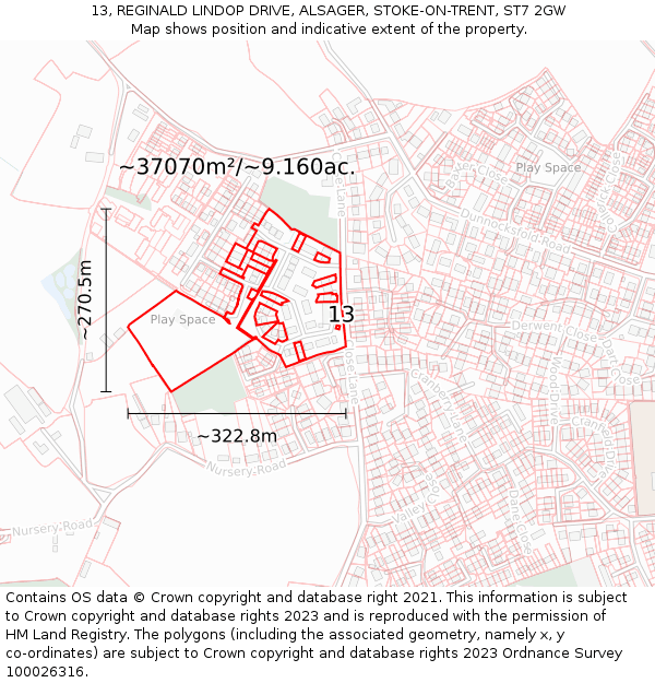 13, REGINALD LINDOP DRIVE, ALSAGER, STOKE-ON-TRENT, ST7 2GW: Plot and title map