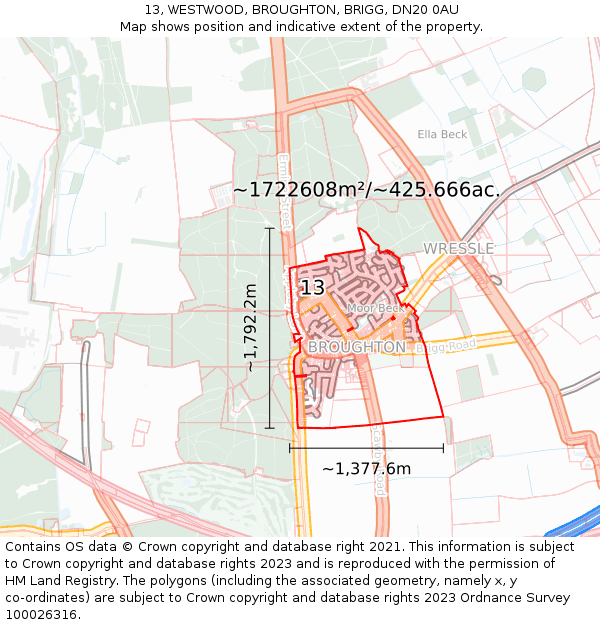 13, WESTWOOD, BROUGHTON, BRIGG, DN20 0AU: Plot and title map