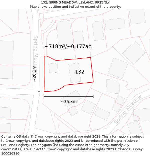 132, SPRING MEADOW, LEYLAND, PR25 5LY: Plot and title map