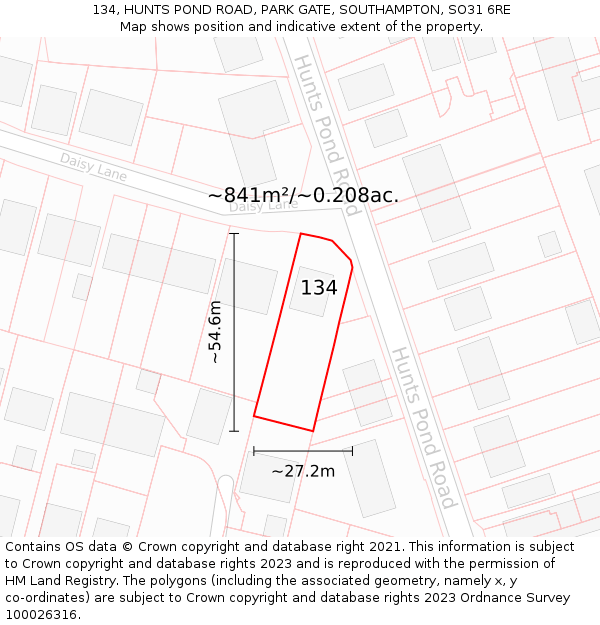 134, HUNTS POND ROAD, PARK GATE, SOUTHAMPTON, SO31 6RE: Plot and title map